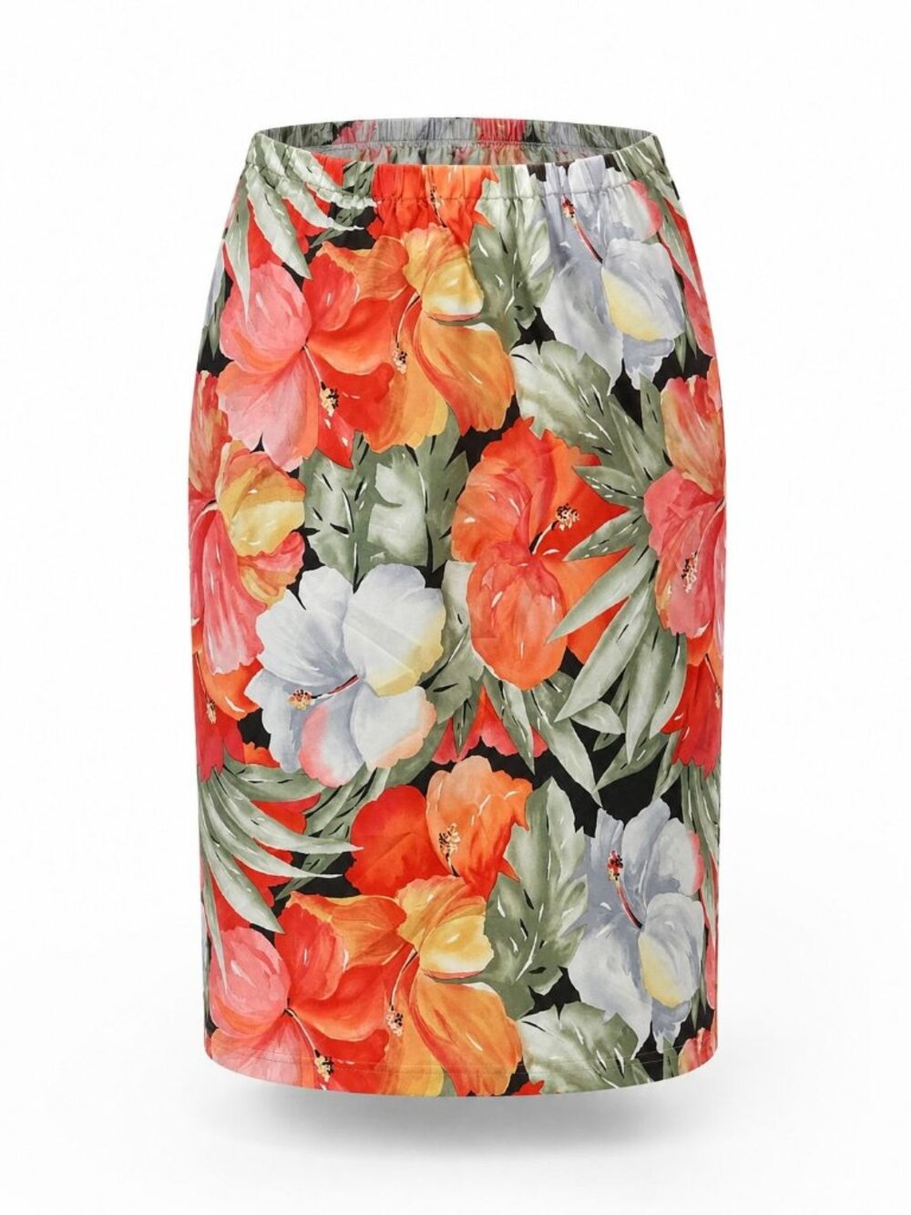 My Kinda Gal Size 8 Floral Midi Skirt Tropical Hibiscus Vintage 1980s USA Made